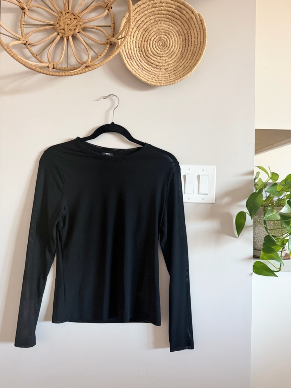 Express Black Long-Sleeve SHEER fitted Crew Neck